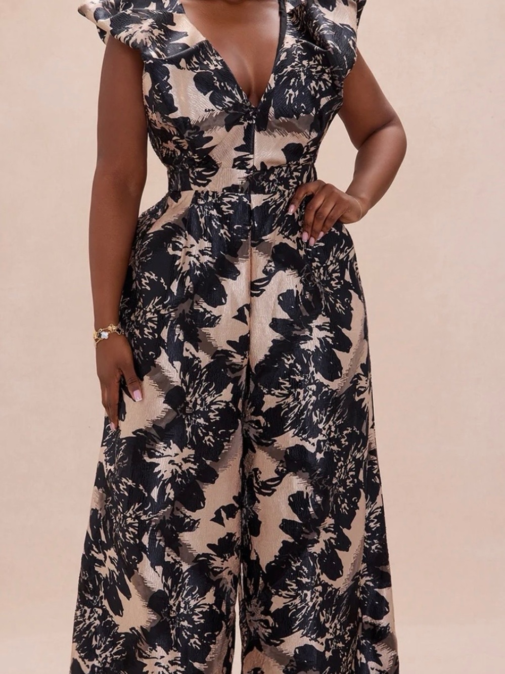 Fashion Nova Karmina Jumpsuit - Black Floral Wide-Leg Jumpsuit on Beige